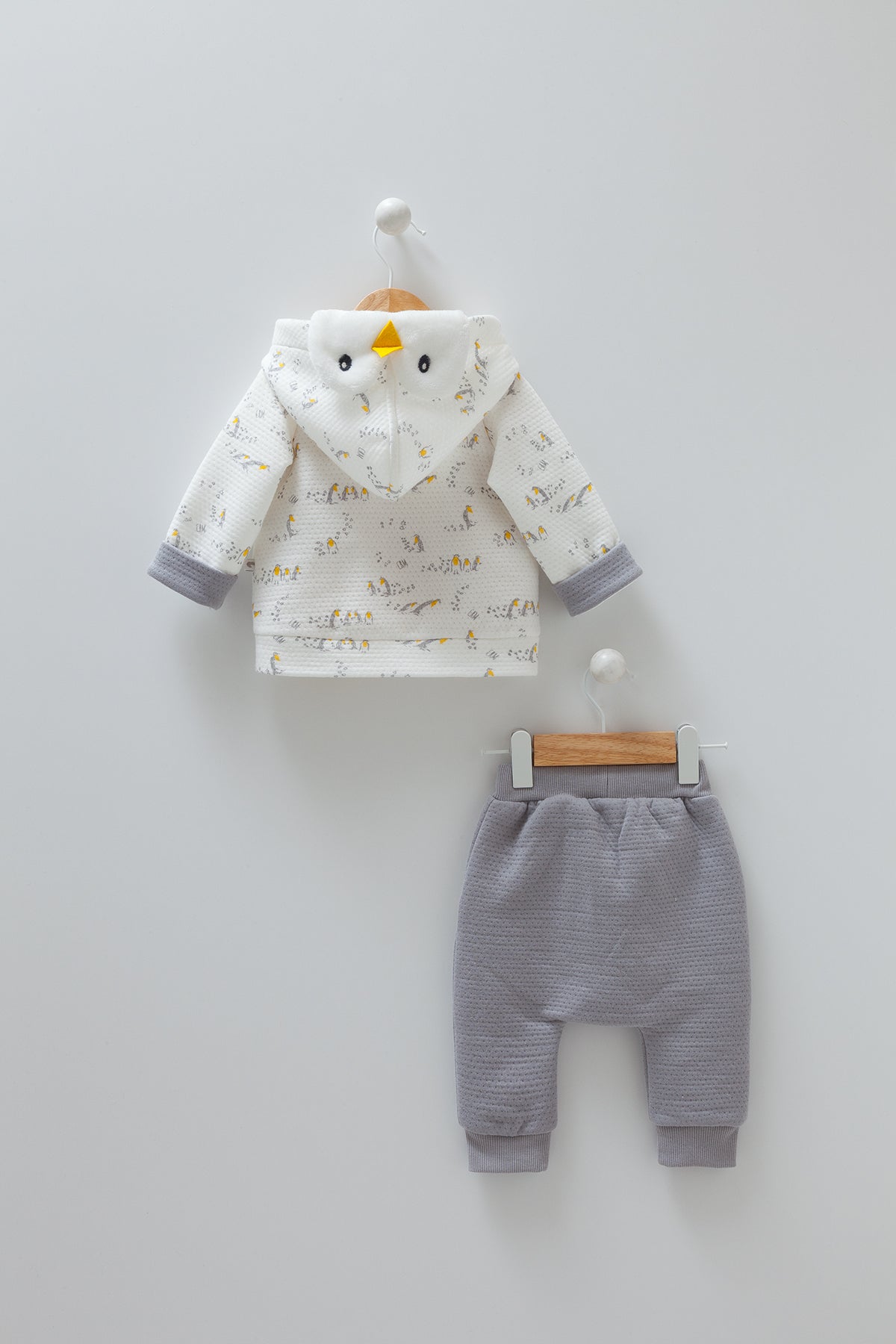 8326 Caramell Baby Boys’ 3-Piece Set – Penguin Hoodie, T-Shirt & Grey Pants | 0–12 Months | Cotton | Turkey
