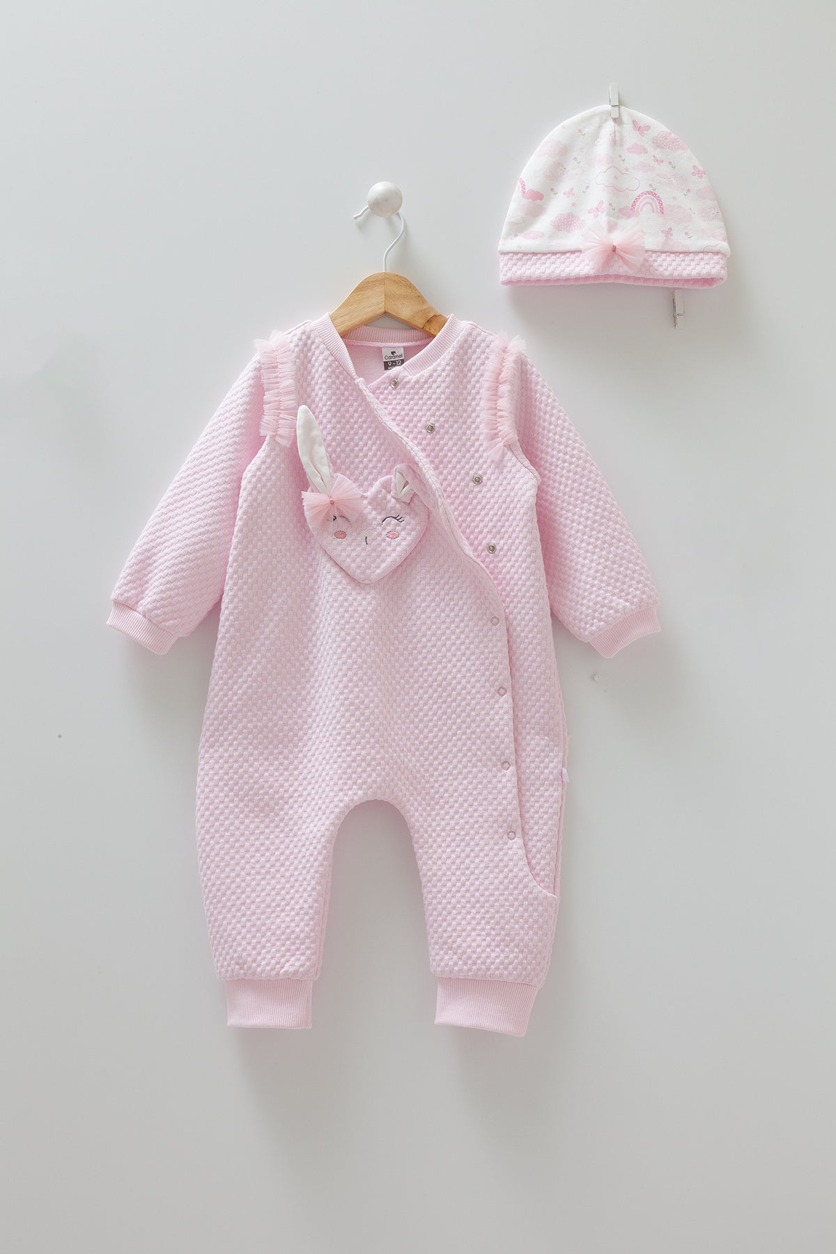 8354 Girls' Pink Cotton Set – Bunny Romper with Ruffles & Matching Hat | Thick Cotton | Fall | 6–12 Months | Turkey