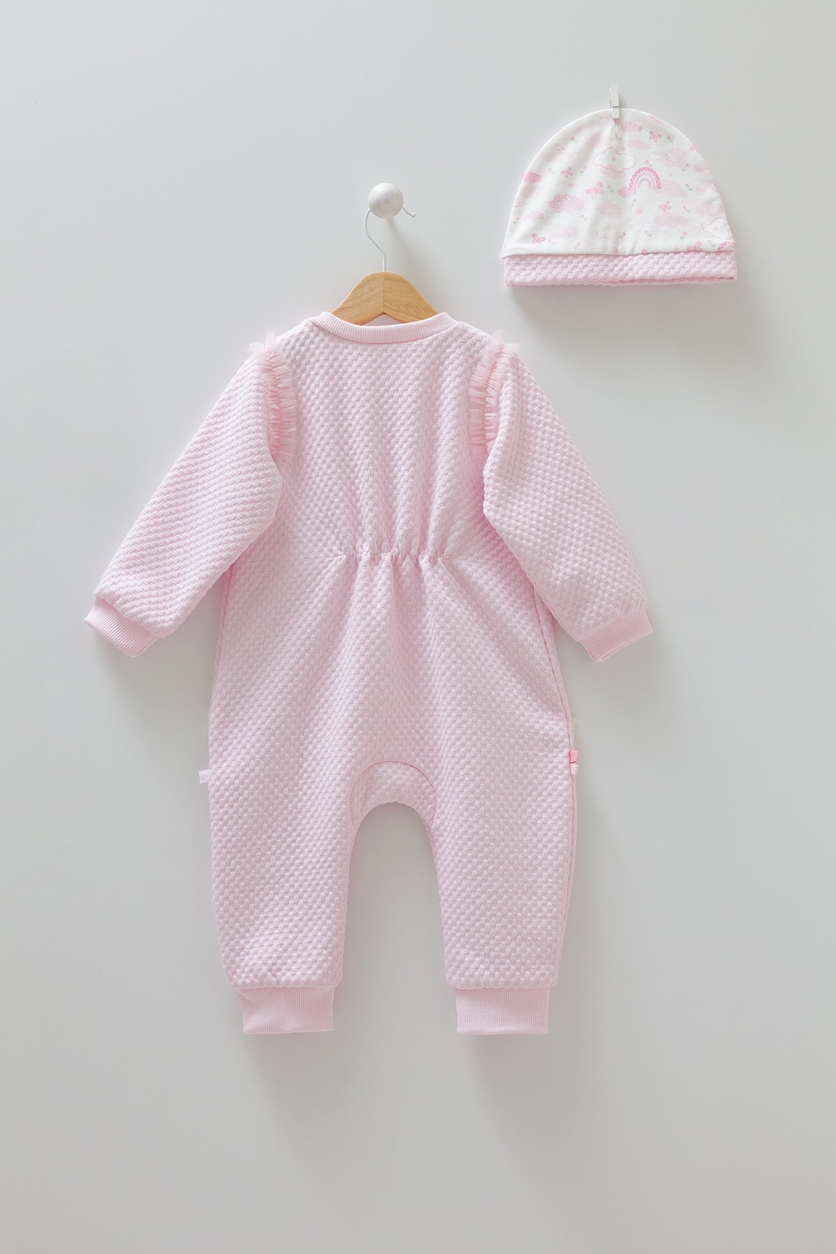 8354 Girls' Pink Cotton Set – Bunny Romper with Ruffles & Matching Hat | Thick Cotton | Fall | 6–12 Months | Turkey