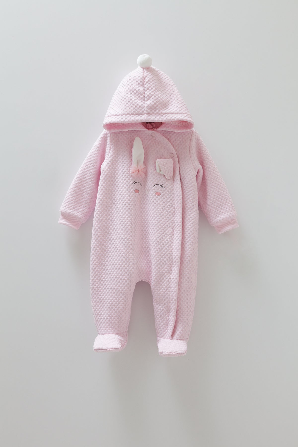 8355 Plush Baby Girl Warm Hooded Jumpsuit β Pink with Bunny Design | Cotton, Plush Lining | Sizes 6β9 Months | Made in Turkey