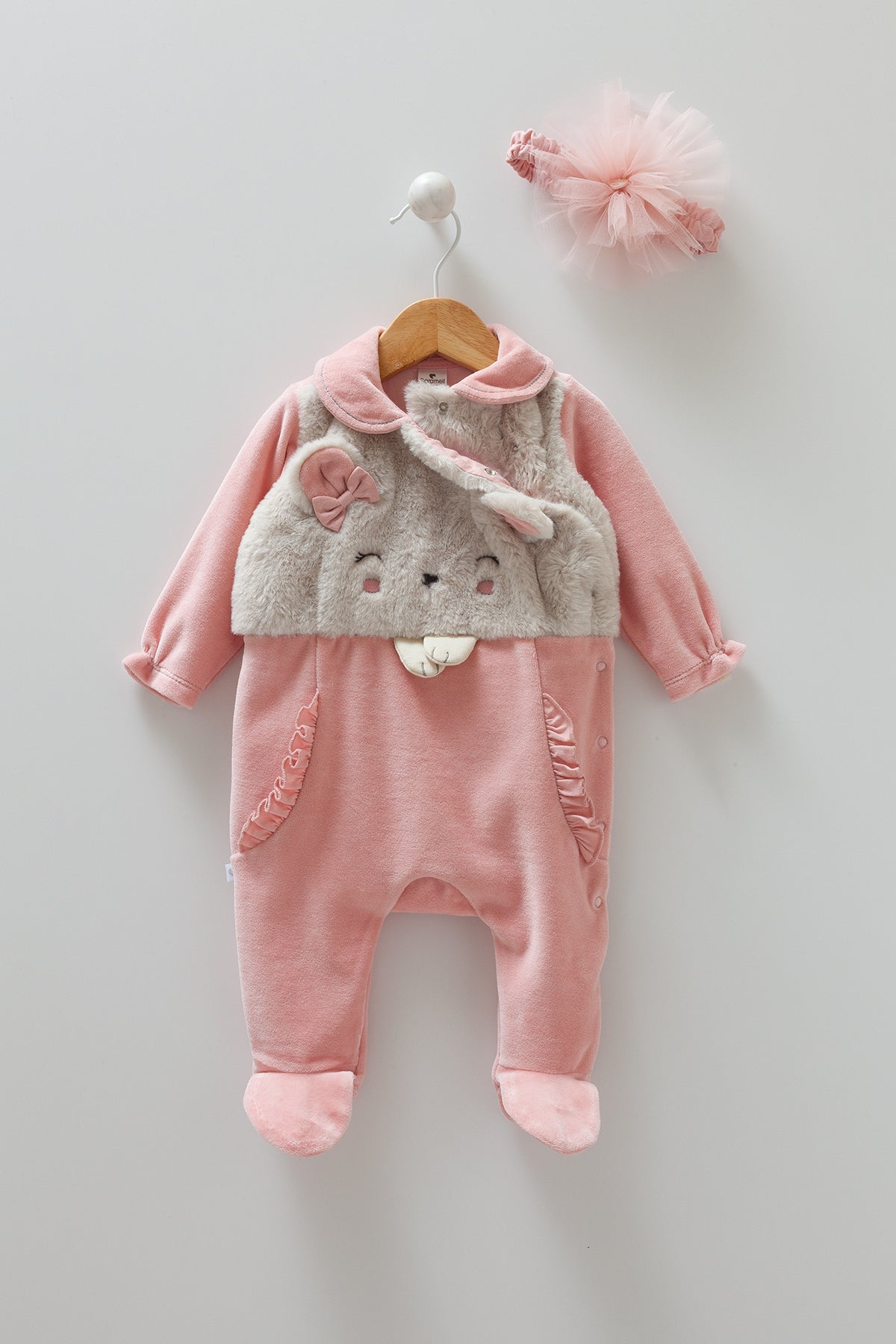 8380 Baby Girls' Plush Velour Romper & Headband Set – Pink Animal Applique | Fall/Winter Cozy Outfit | 0-3 Months | Turkey