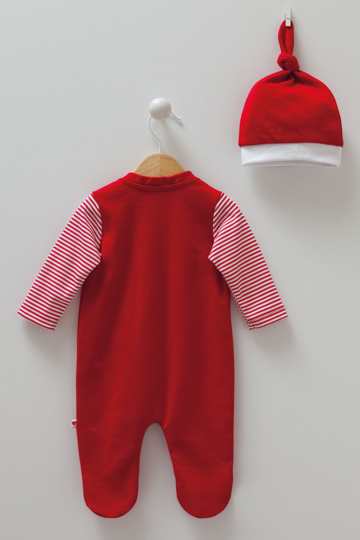 8445 Caramell | Unisex Christmas 2-Piece Baby Set | Red Footed Jumpsuit with Striped Sleeves & Hat | 0β9 Months | 100% Cotton | Made in Turkey