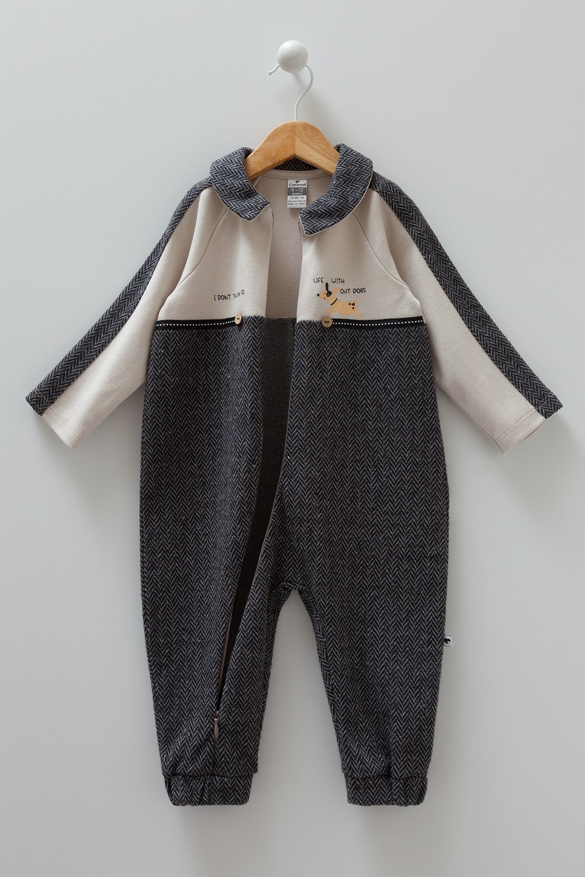 8489 Caramell Baby Boy Jumpsuit with Collar β Gray | 0β12 Months | 100% Cotton | Made in Turkey