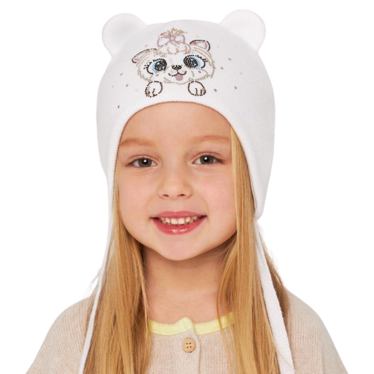 10839 Girls’ Cotton Tie Hat – Sparkly Puppy Face & Bear Ears Design | 100% Cotton Inside & Out | Size 48-50 / 9-18 Months | Lightweight Spring/Fall Beanie with Ties