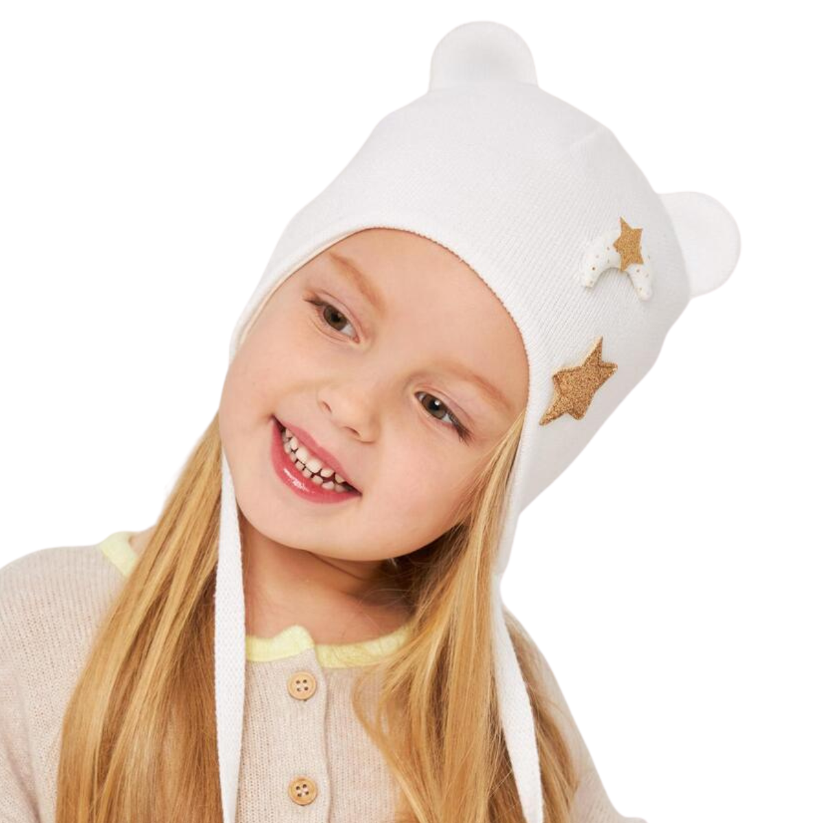 10847 Girls’ Cotton Tie Hat – 3D Star Appliqué & Bear Ears Design | 100% Cotton Inside & Out | Size 48-50 (9-18 Months)| Lightweight Spring/Fall Beanie with Ties