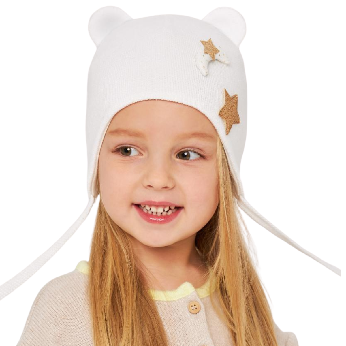 10847 Girls’ Cotton Tie Hat – 3D Star Appliqué & Bear Ears Design | 100% Cotton Inside & Out | Size 48-50 (9-18 Months)| Lightweight Spring/Fall Beanie with Ties