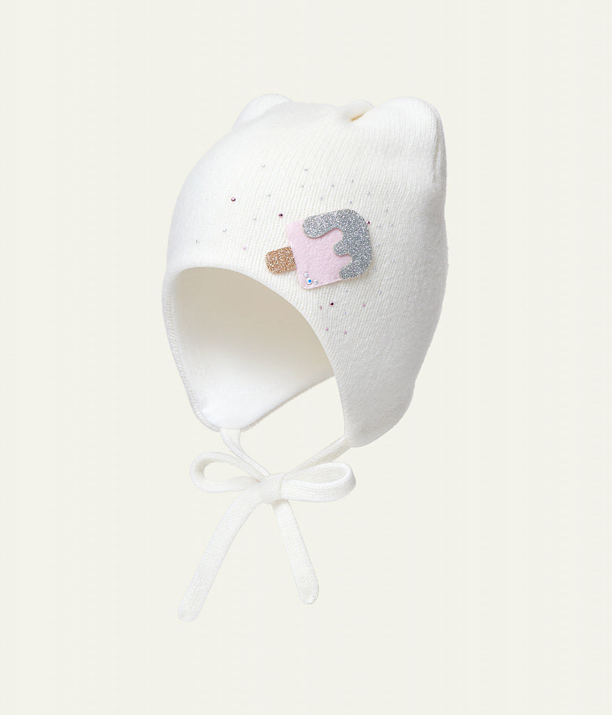 11271 Girls’ Winter Hat with Ears, Tie Strings & Ice Cream Design | 18–36 Months | Cashmere Wool Blend, Cotton Lining