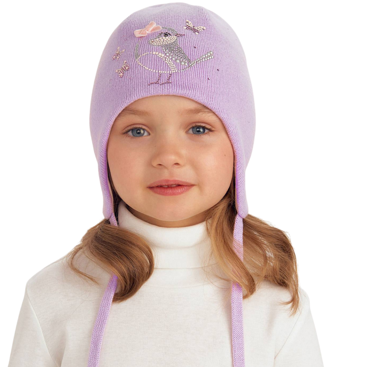 11710 Girls’ Knit Tie-Strap Hat – Bird & Bow Rhinestone Design | 100% Cotton Shell & Lining | Size 50-52 / 18-36 Months | Spring/Fall Lightweight Beanie with Earflaps