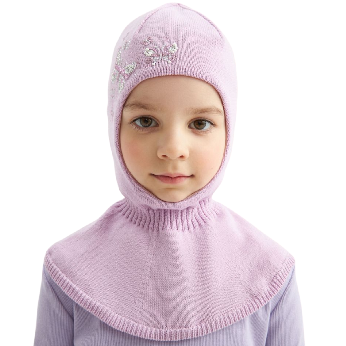 11712 Girls’ Knit Balaclava Hat – 100% Cotton Inside & Out | Embellished Butterfly & Floral Design | Ages 2Y | Spring/Fall Full-Coverage Hood