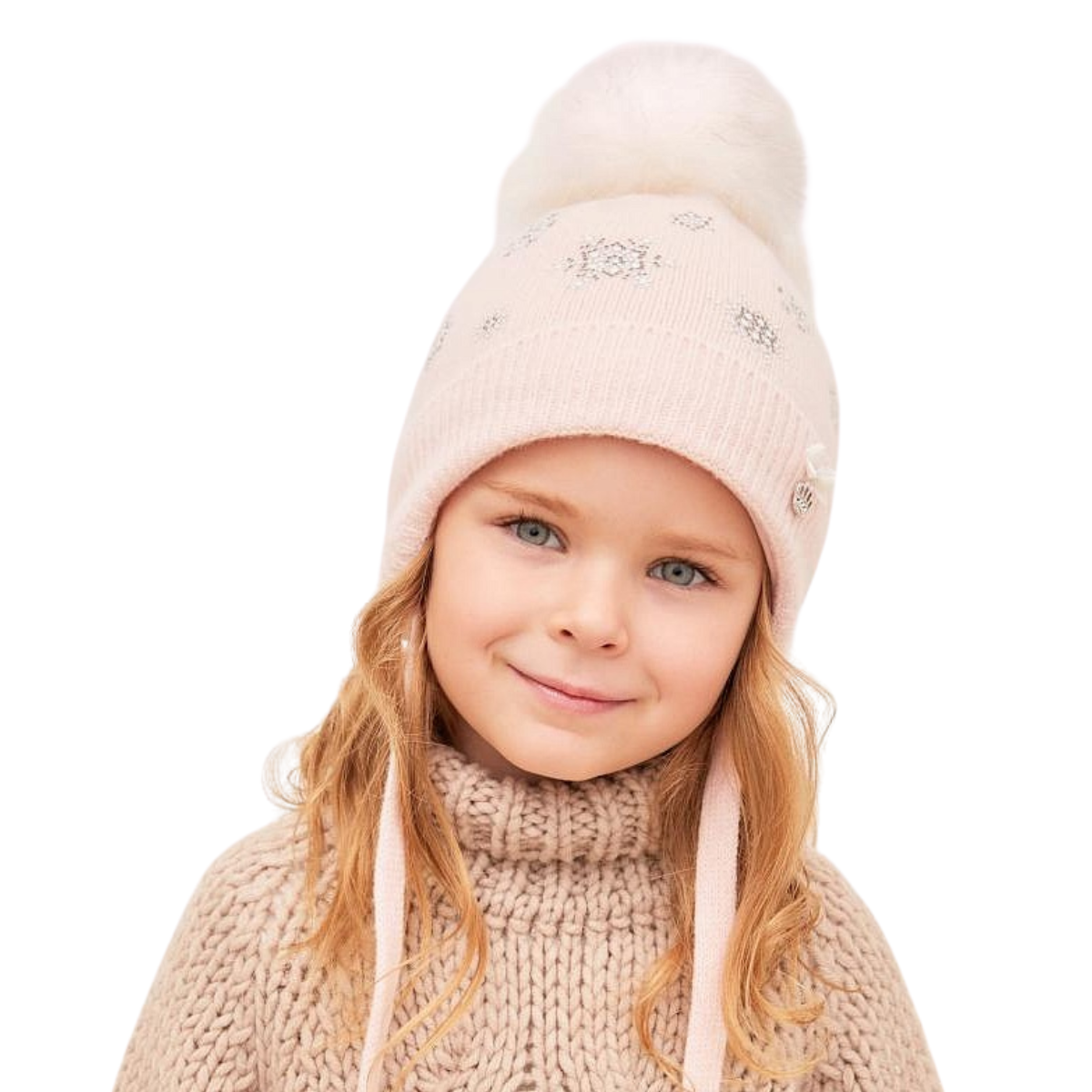90383 Baby Girls’ Winter Hat with Ears & Natural Fur Pom-Pom | 9–18 Months | Cashmere Wool Blend, Cotton Lining