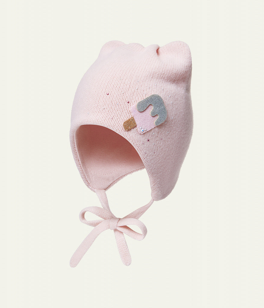 11271 Girls’ Winter Hat with Ears, Tie Strings & Ice Cream Design | 18–36 Months | Cashmere Wool Blend, Cotton Lining