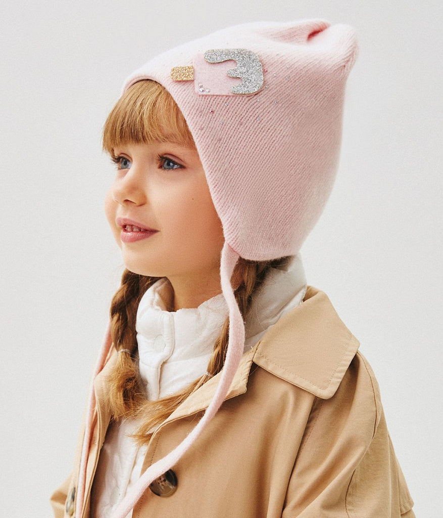 11271 Girls’ Winter Hat with Ears, Tie Strings & Ice Cream Design | 18–36 Months | Cashmere Wool Blend, Cotton Lining