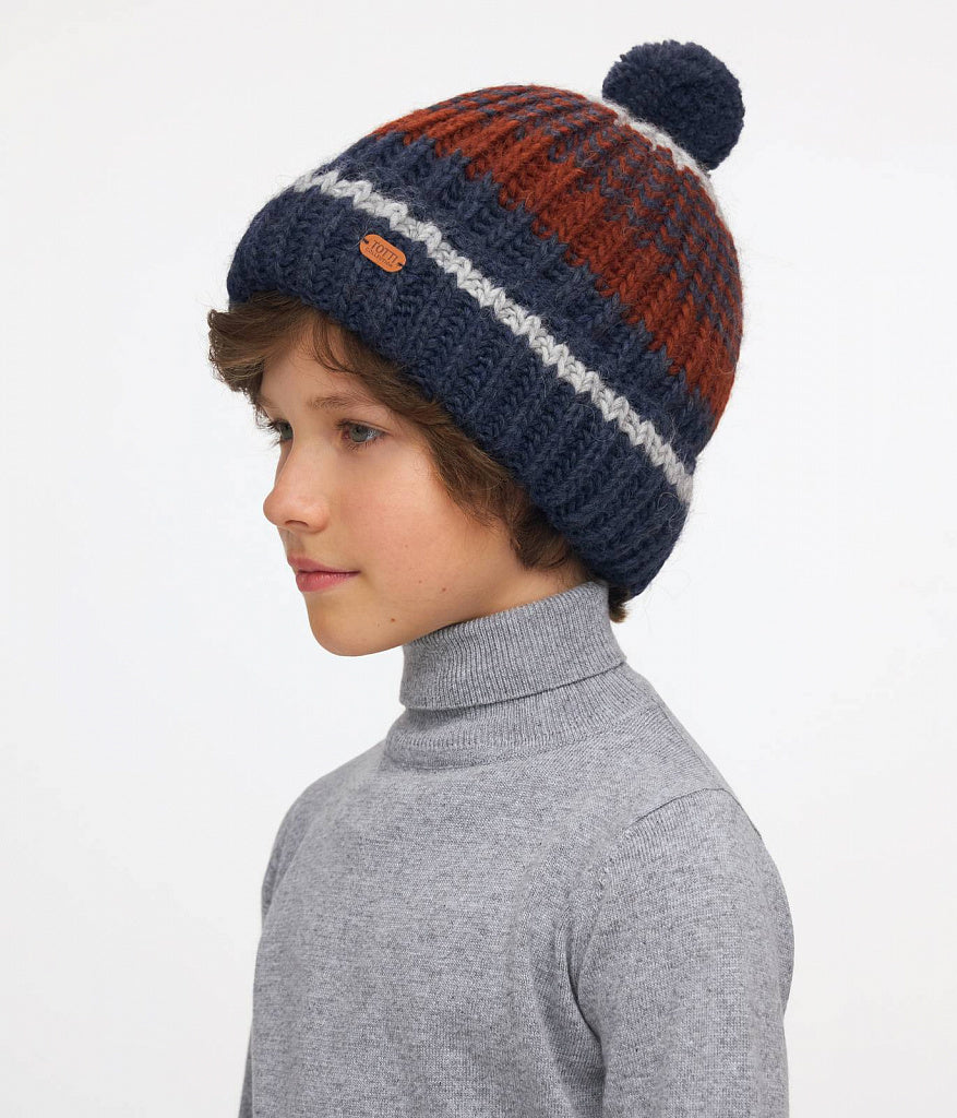 11049 Boys’ Knitted Winter Hat with Bold 3-Tone Stripes & Pom-Pom – Wool Blend | Sizes 54–56 | Ages 6–12 Years