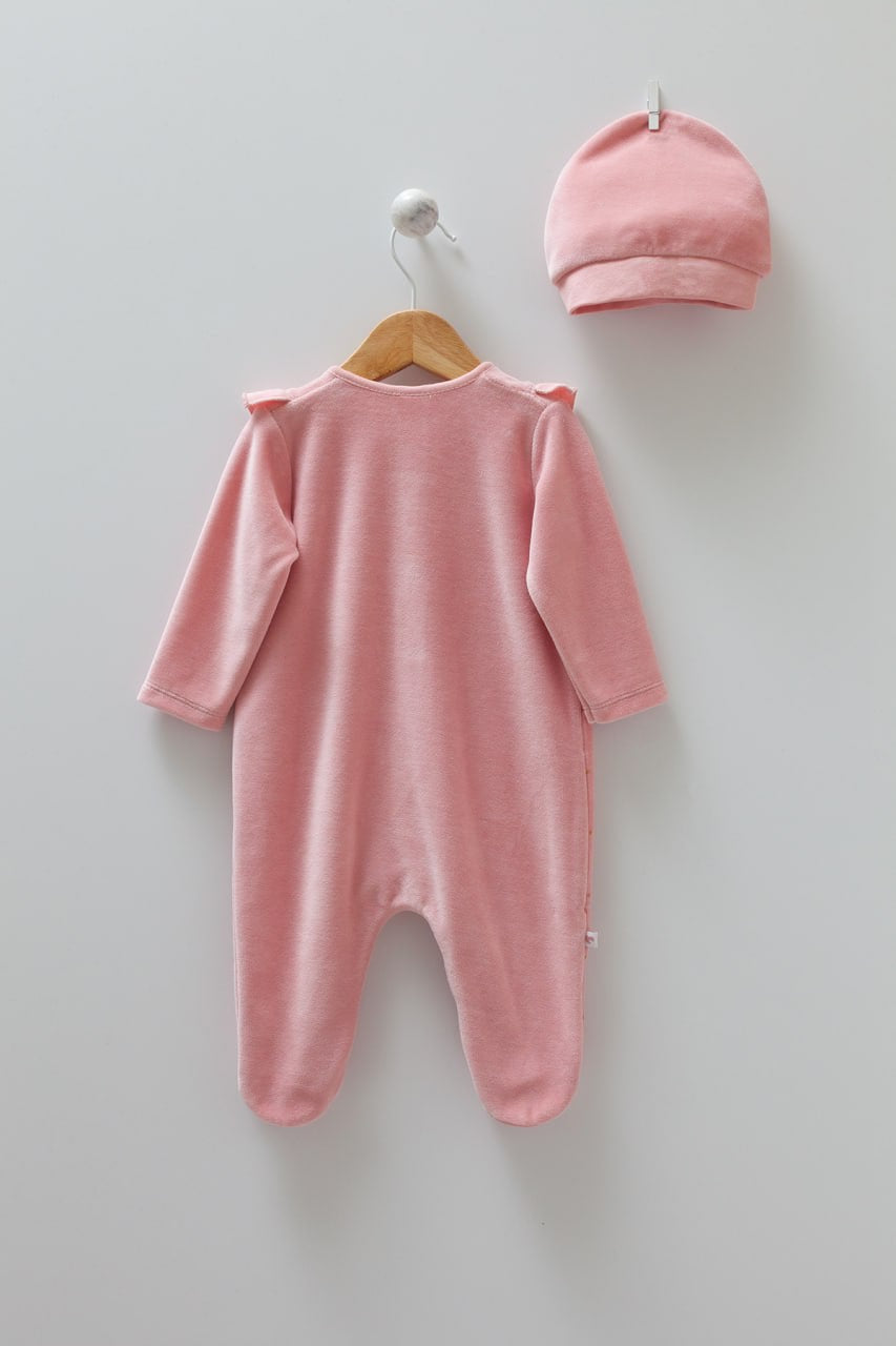 8416 Baby Girls' Velvet Romper & Hat Set – Bear Embroidery | Open Feet | Fall, 6-9M | Turkey