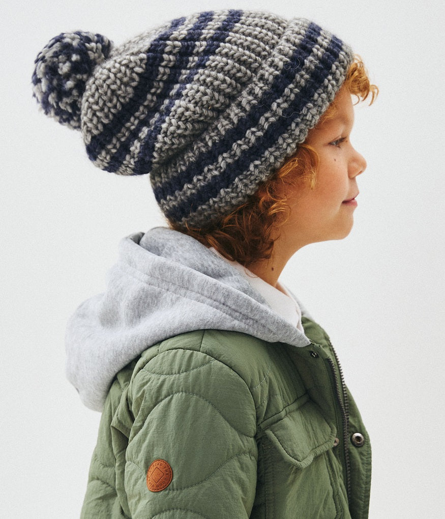 10042 Boys’ Knitted Winter Beanie with Stripes & Pom-Pom – Wool Blend | Sizes 54–56 | Ages 6–12 Years