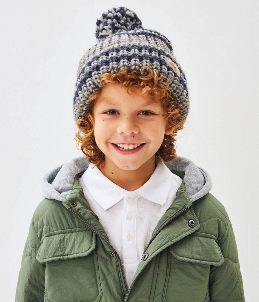 10042 Boys’ Knitted Winter Beanie with Stripes & Pom-Pom – Wool Blend | Sizes 54–56 | Ages 6–12 Years
