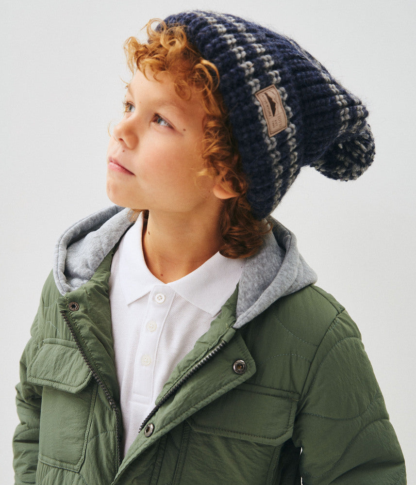 10042 Boys’ Knitted Winter Beanie with Stripes & Pom-Pom – Wool Blend | Sizes 54–56 | Ages 6–12 Years