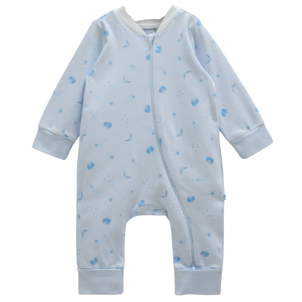 Unisex cotton zip-up sleepsuit in light blue, pink, and gray, made in Turkey