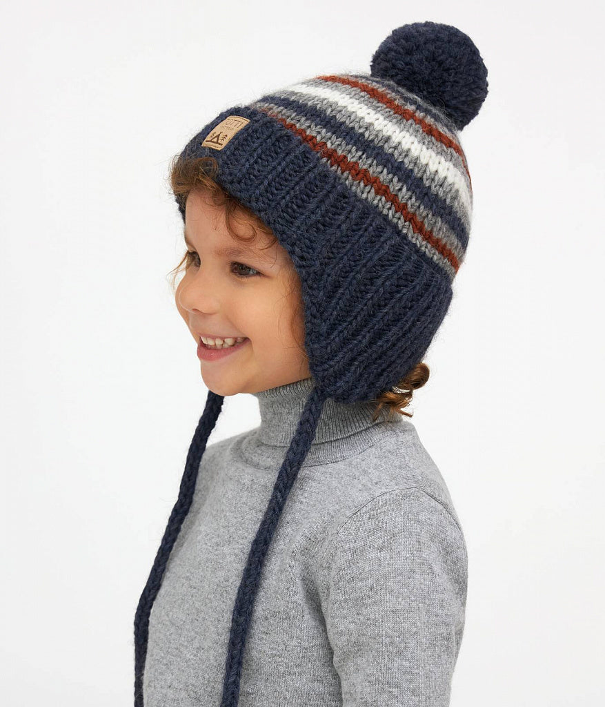11005 Boys’ Striped Winter Knit Hat with Pom-Pom & Earflaps | Sizes 48–50 cm | 9–18 Months | Baby Alpaca, Wool | 100% Cotton Lining