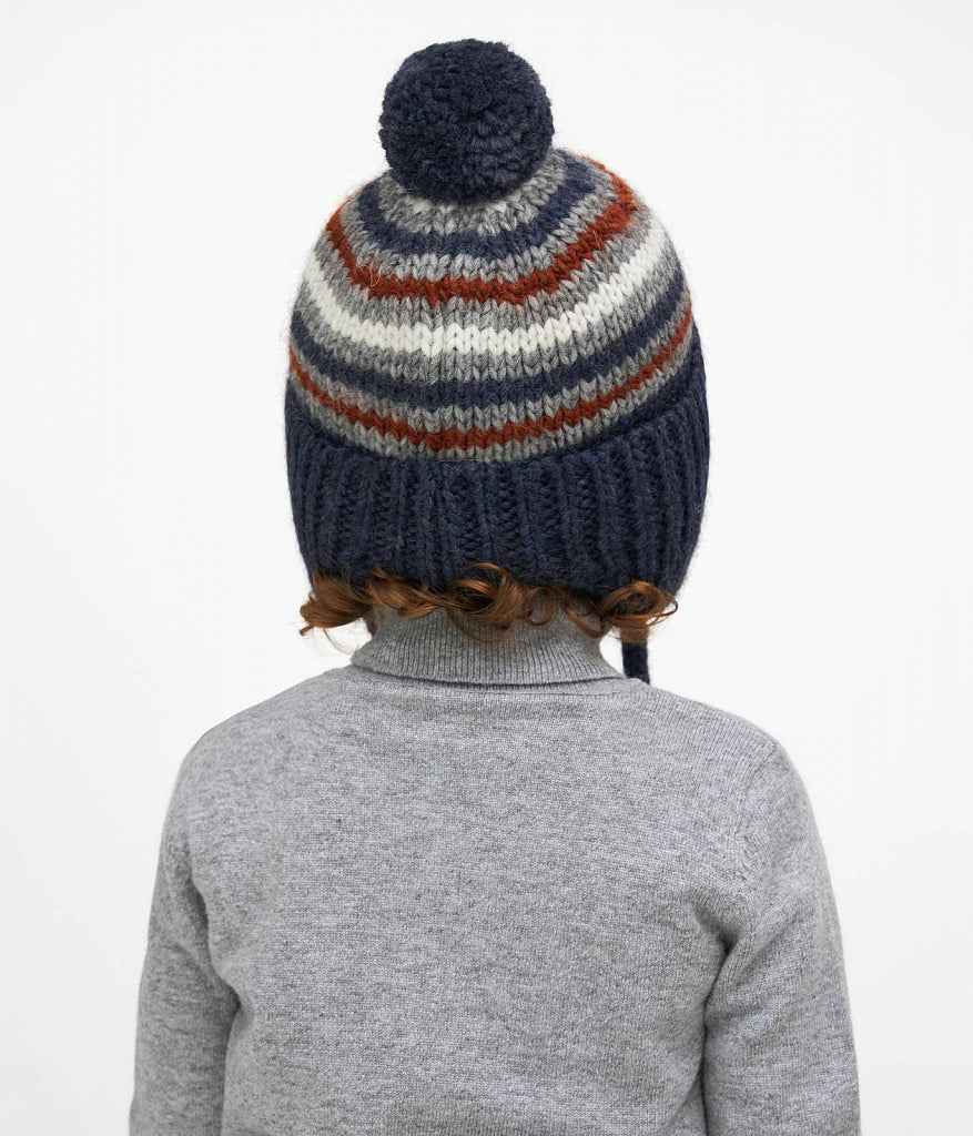 11005 Boys’ Striped Winter Knit Hat with Pom-Pom & Earflaps | Sizes 48–50 cm | 9–18 Months | Baby Alpaca, Wool | 100% Cotton Lining