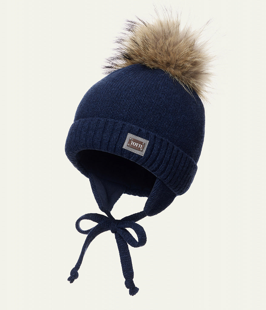 11411 Boys’ Knitted Winter Hat with Earflaps & Natural Fur Pom-Pom | Sizes 48-50,50–52,52-54,54-56 cm | 9–18, 18-36 Months, 3-5 Y, 6-12 Y | Сashmere, Wool | 100% Cotton Lining