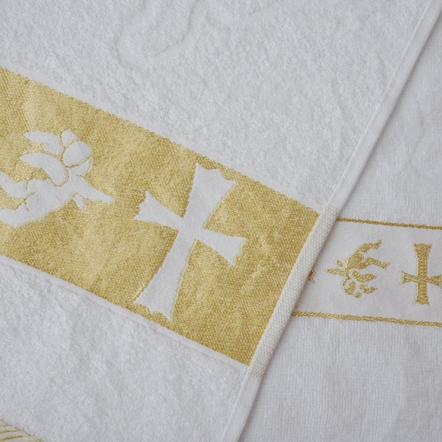 Christening Towel for Baby β White with Gold or Silver Embroidery | 100% Turkish Cotton | Baptism Towel | 2 Sizes | Velour or Terry