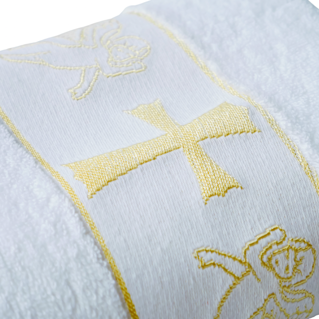 Christening Towel for Baby β White with Gold or Silver Embroidery | 100% Turkish Cotton | Baptism Towel | 2 Sizes | Velour or Terry