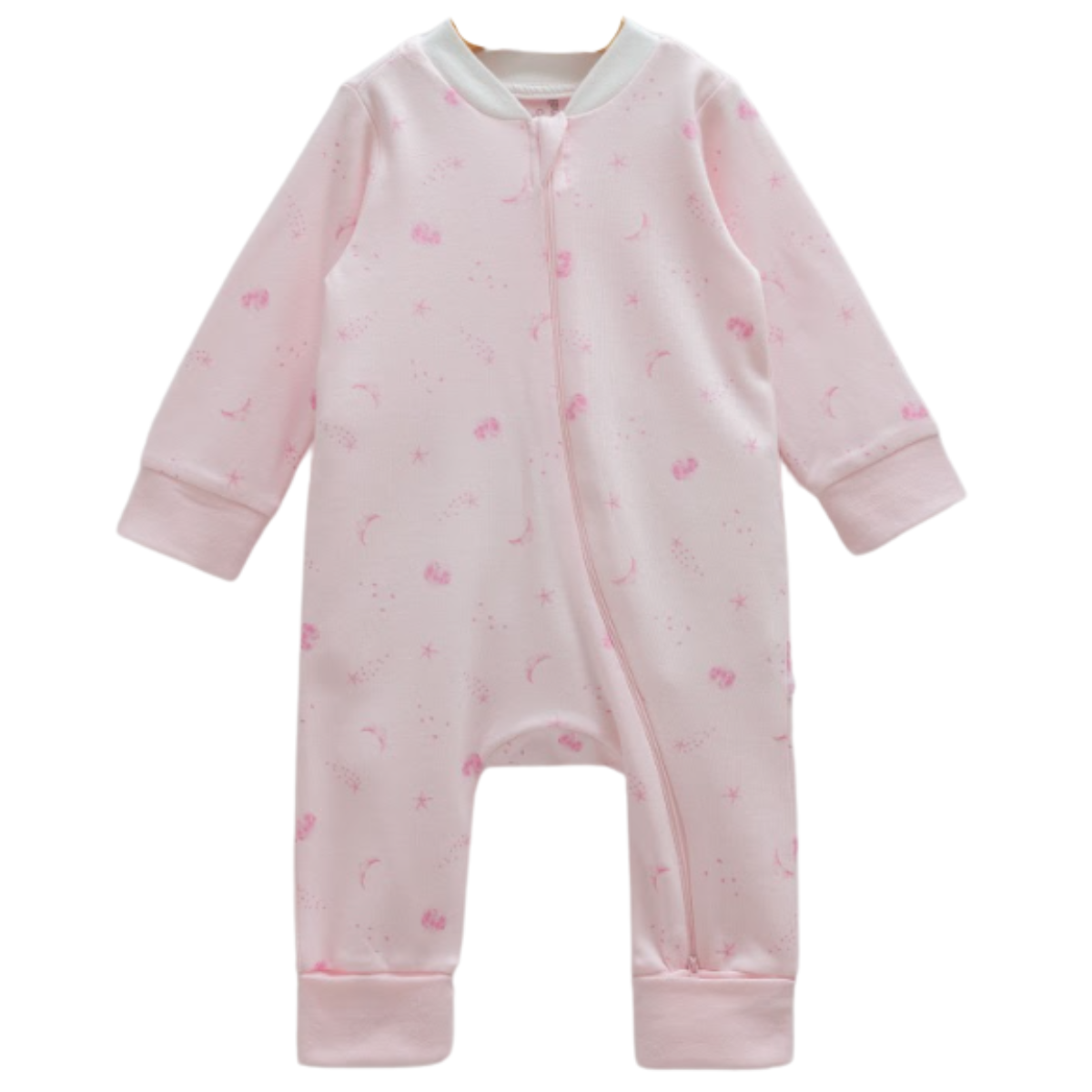 Unisex cotton zip-up sleepsuit in light blue, pink, and gray, made in Turkey