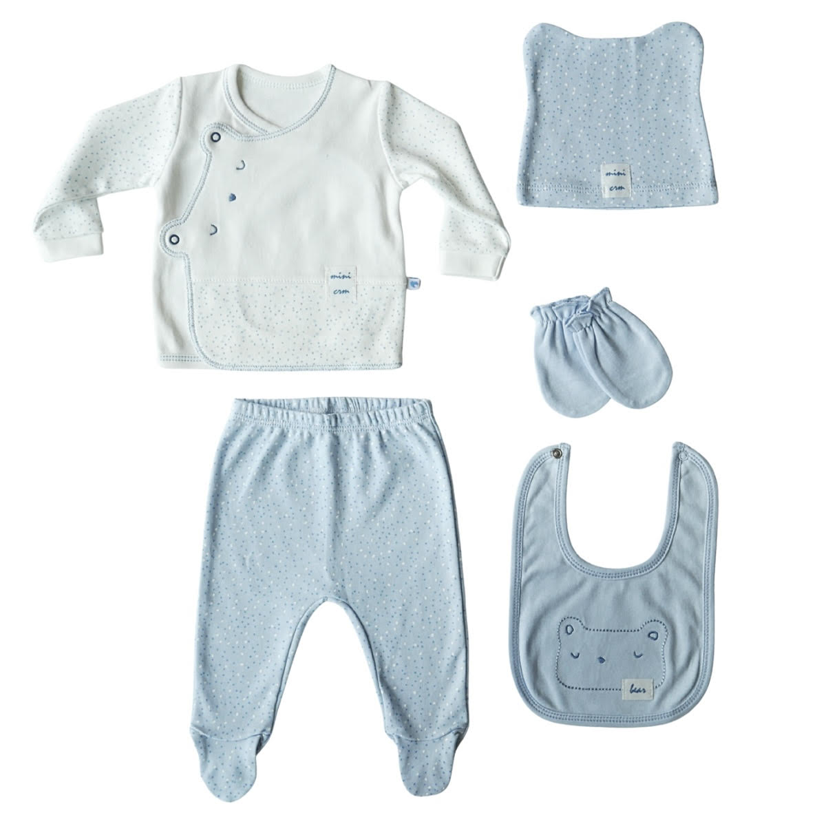 5242 100% Cotton Newborn Unisex 5-Piece Set – Wrap Top, Footed Pants, Ear Hat, Mittens, Hippo Bib |Size 0-3 months | Spring Baby Outfit | Turkey