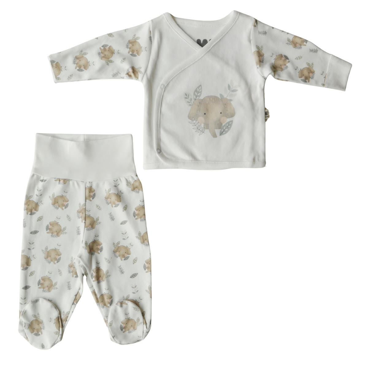 3119 WOWO: 100% Cotton Newborn Unisex Set – Wrap Top with Mittens & Footed Pants | Animal Print Baby Outfit | 0-3 Months | Turkey
