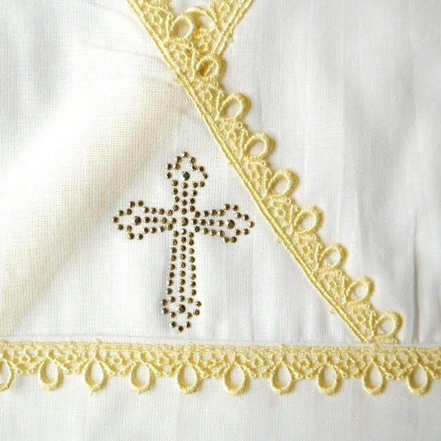 White Christening Shirt for Boys & Girls | Short Sleeve | Gold Cross & Gold Lace | Cotton Knit or Linen | Baby Baptism Gown 0–12M