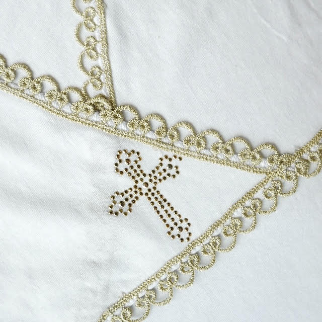 White Christening Shirt for Boys & Girls | Short Sleeve | Gold Cross & Gold Lace | Cotton Knit or Linen | Baby Baptism Gown 0–12M