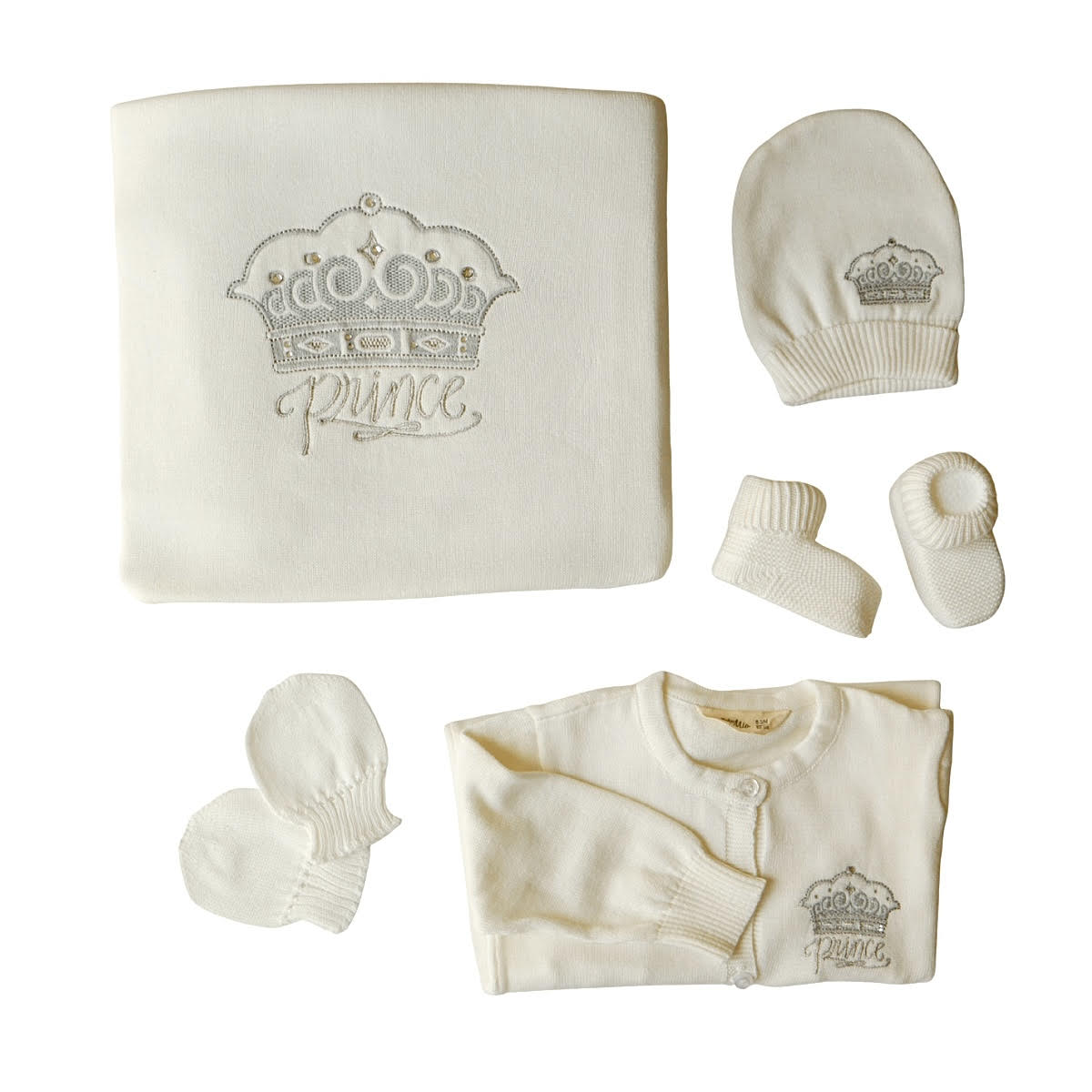 204 Baby Boy "Prince" Knitted Newborn Set (5 Piece) – 100% Organic Cotton | Blanket, Cardigan, Hat, Mittens, Booties | Autumn-Winter-Spring | 0-3 Months (56-62 cm) | Turkey