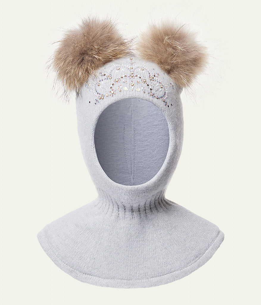 80348 Girls’ Luxury Cashmere Wool Balaclava with Two Natural Fur Pom-Poms & Rhinestone Tiara | Premium Winter Model ✨ | 50–52, 52–54 cm | Ages 18–30M, 3–4 Years