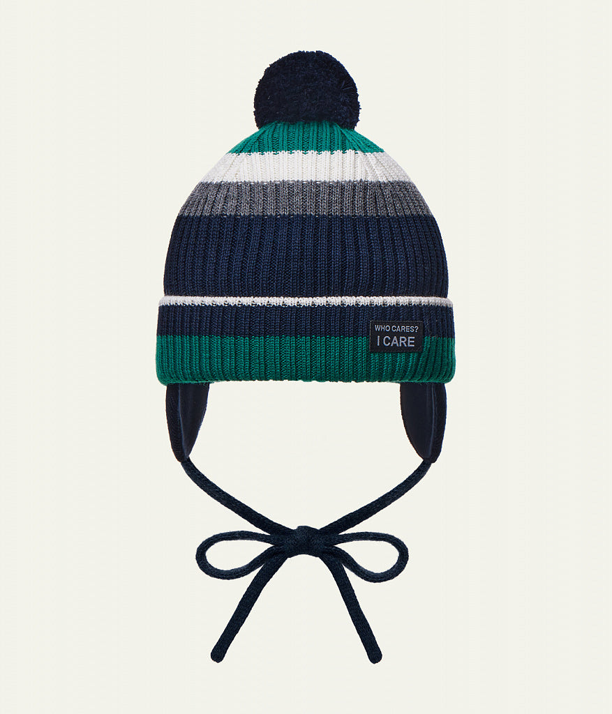 12224 Boys’ Winter Knit Hat with Colorful Stripes & Pom-Pom – Wool Blend | Size 52-54 | 3–5 years | Wool | 100% Cotton Lining