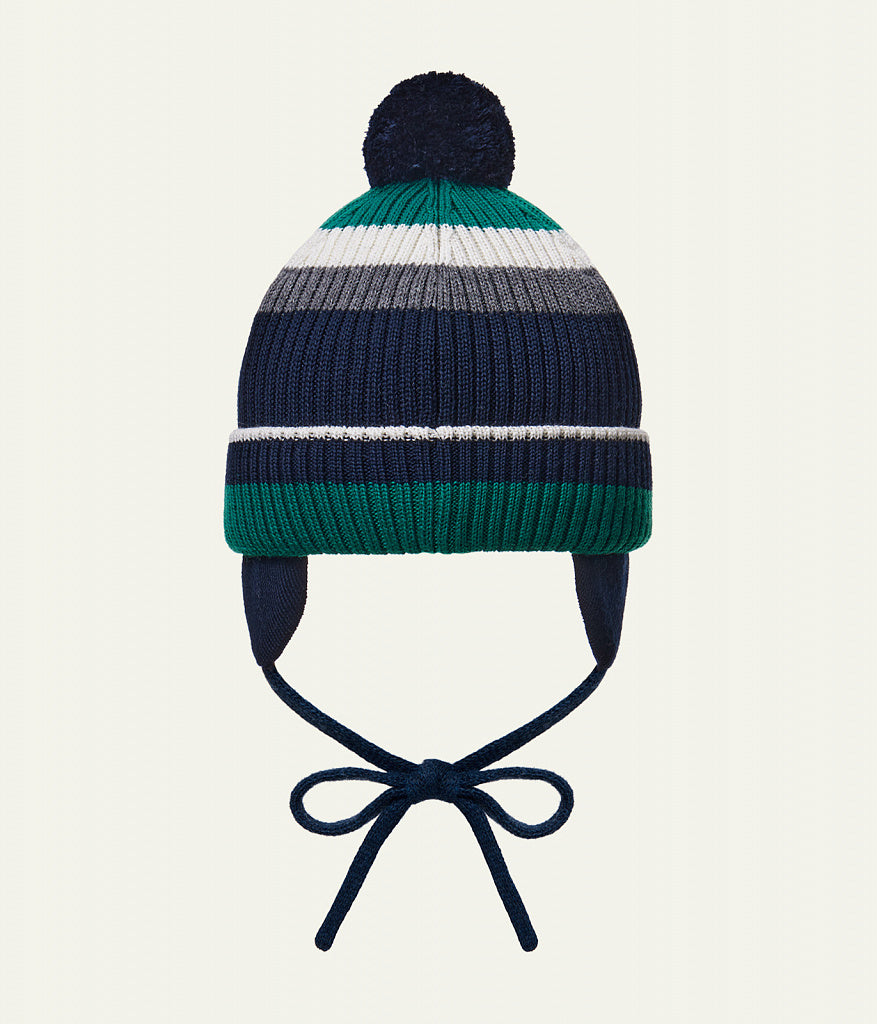 12224 Boys’ Winter Knit Hat with Colorful Stripes & Pom-Pom – Wool Blend | Size 52-54 | 3–5 years | Wool | 100% Cotton Lining