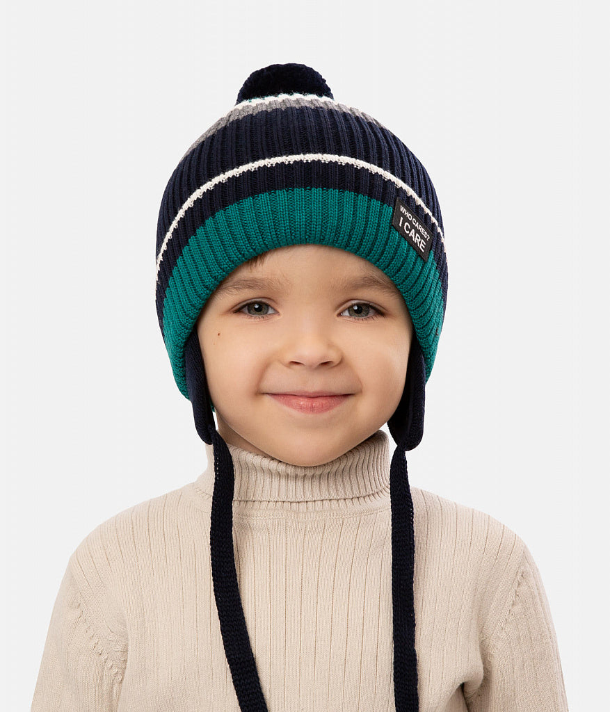 12224 Boys’ Winter Knit Hat with Colorful Stripes & Pom-Pom – Wool Blend | Size 52-54 | 3–5 years | Wool | 100% Cotton Lining
