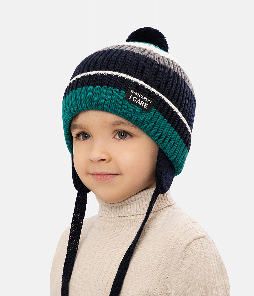 12224 Boys’ Winter Knit Hat with Colorful Stripes & Pom-Pom – Wool Blend | Size 52-54 | 3–5 years | Wool | 100% Cotton Lining
