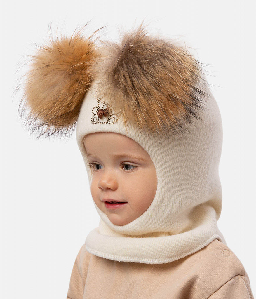 60302 Girls’ Knitted Winter Balaclava with Double Natural Fur Pom-Poms & Teddy Bear Design | 9–18 Months, 18–30 Months, 3–4, 5-6 Years (48–54 cm)