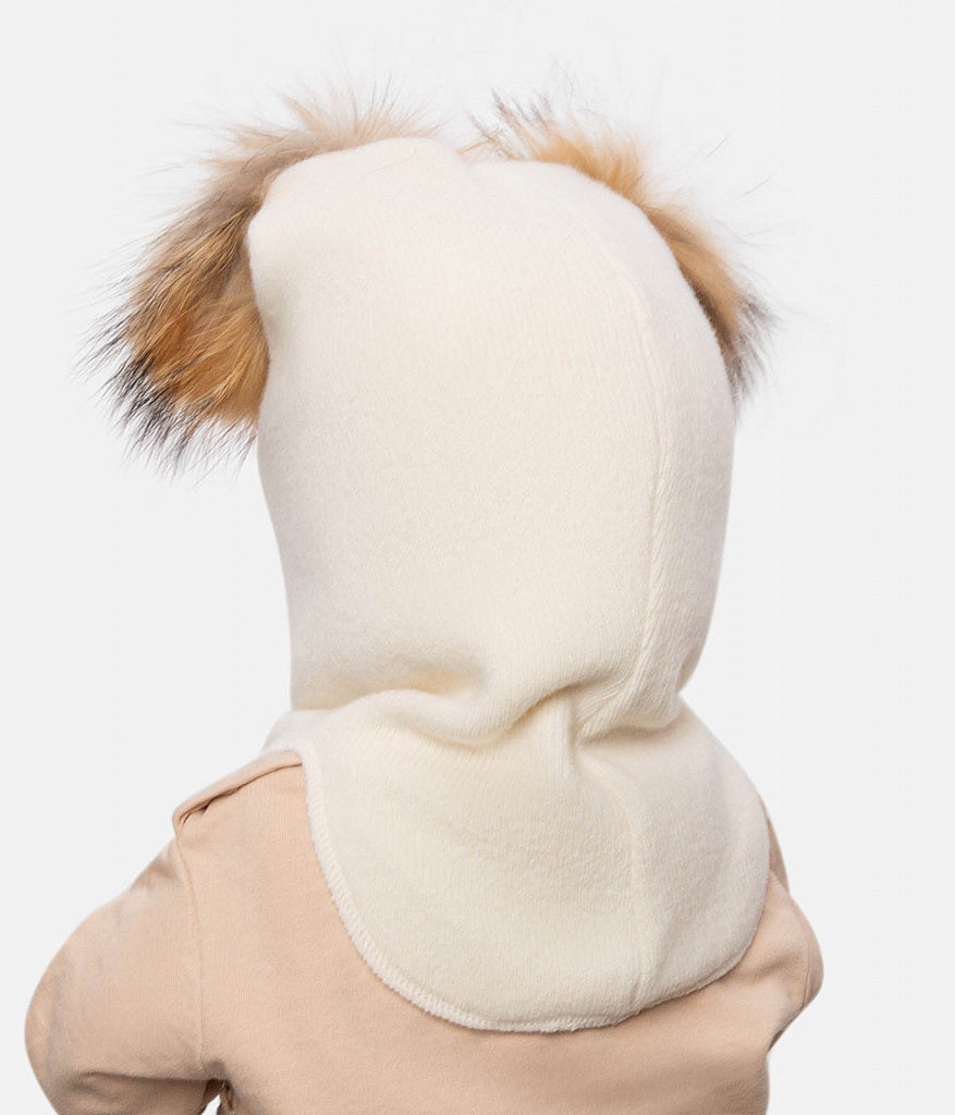 60302 Girls’ Knitted Winter Balaclava with Double Natural Fur Pom-Poms & Teddy Bear Design | 9–18 Months, 18–30 Months, 3–4, 5-6 Years (48–54 cm)