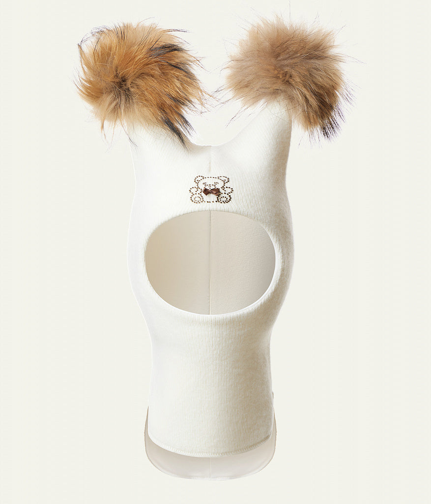 60302 Girls’ Knitted Winter Balaclava with Double Natural Fur Pom-Poms & Teddy Bear Design | 9–18 Months, 18–30 Months, 3–4, 5-6 Years (48–54 cm)