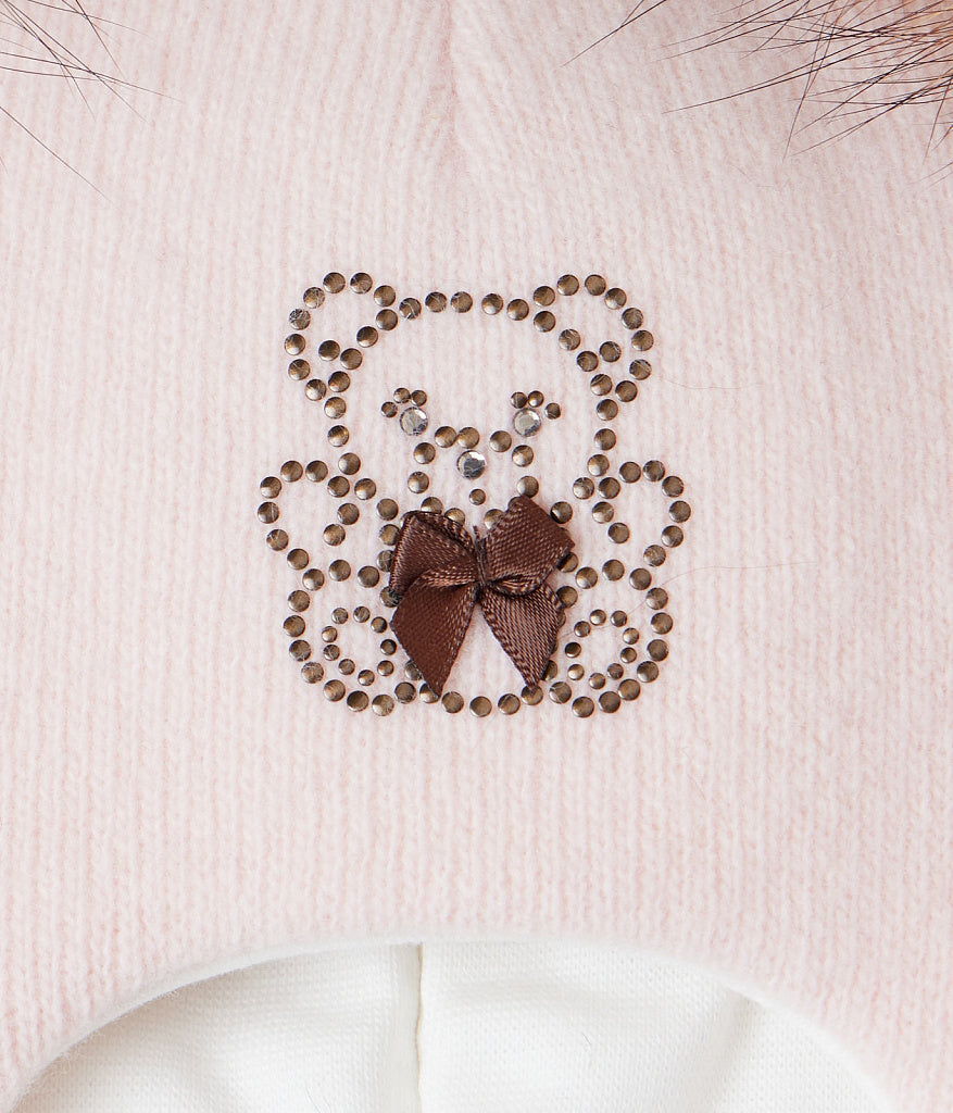 60302 Girls’ Knitted Winter Balaclava with Double Natural Fur Pom-Poms & Teddy Bear Design | 9–18 Months, 18–30 Months, 3–4, 5-6 Years (48–54 cm)