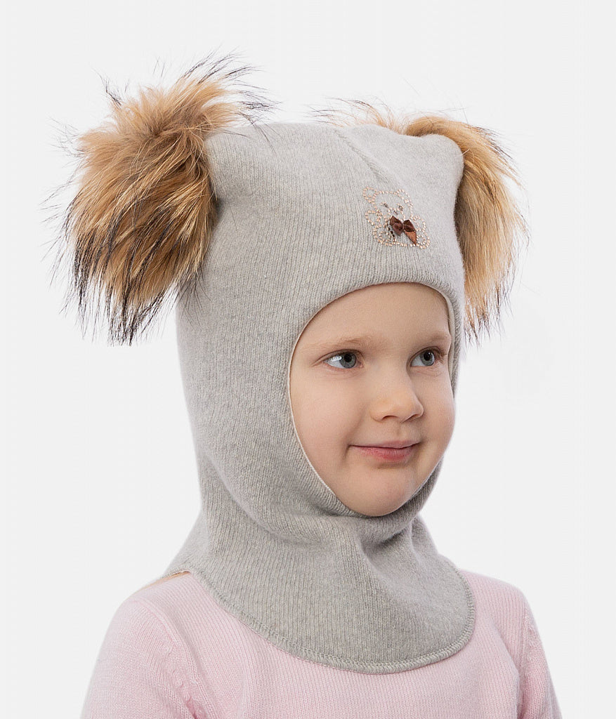 60302 Girls’ Knitted Winter Balaclava with Double Natural Fur Pom-Poms & Teddy Bear Design | 9–18 Months, 18–30 Months, 3–4, 5-6 Years (48–54 cm)