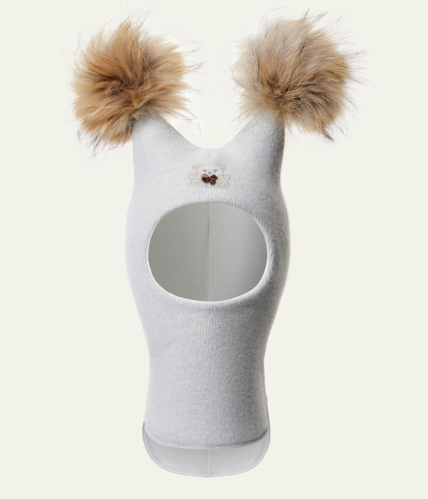 60302 Girls’ Knitted Winter Balaclava with Double Natural Fur Pom-Poms & Teddy Bear Design | 9–18 Months, 18–30 Months, 3–4, 5-6 Years (48–54 cm)