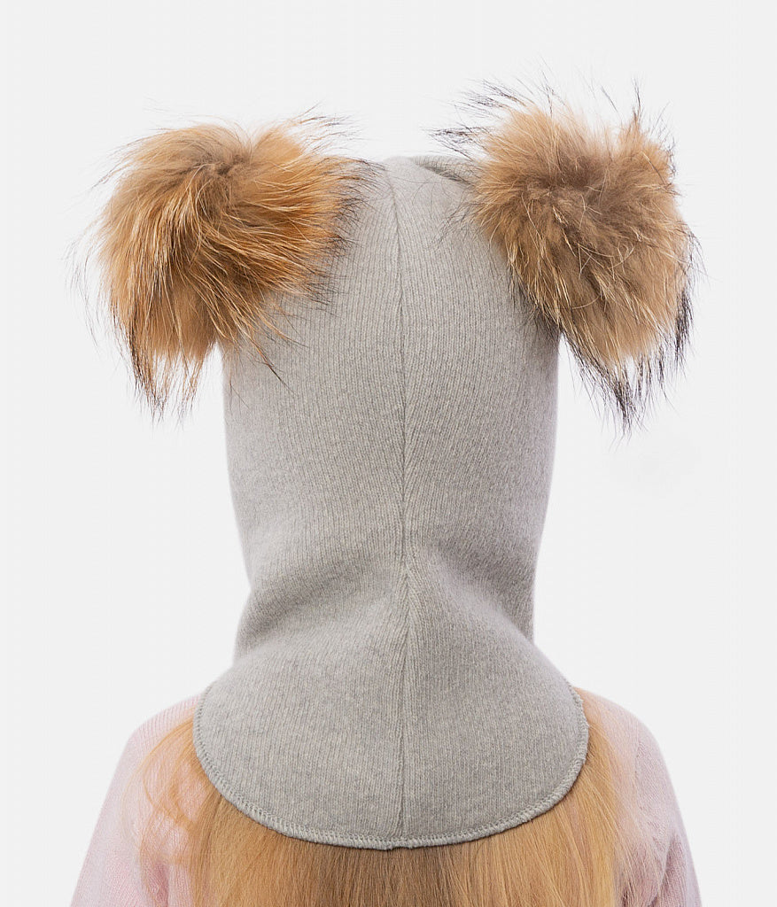 60302 Girls’ Knitted Winter Balaclava with Double Natural Fur Pom-Poms & Teddy Bear Design | 9–18 Months, 18–30 Months, 3–4, 5-6 Years (48–54 cm)