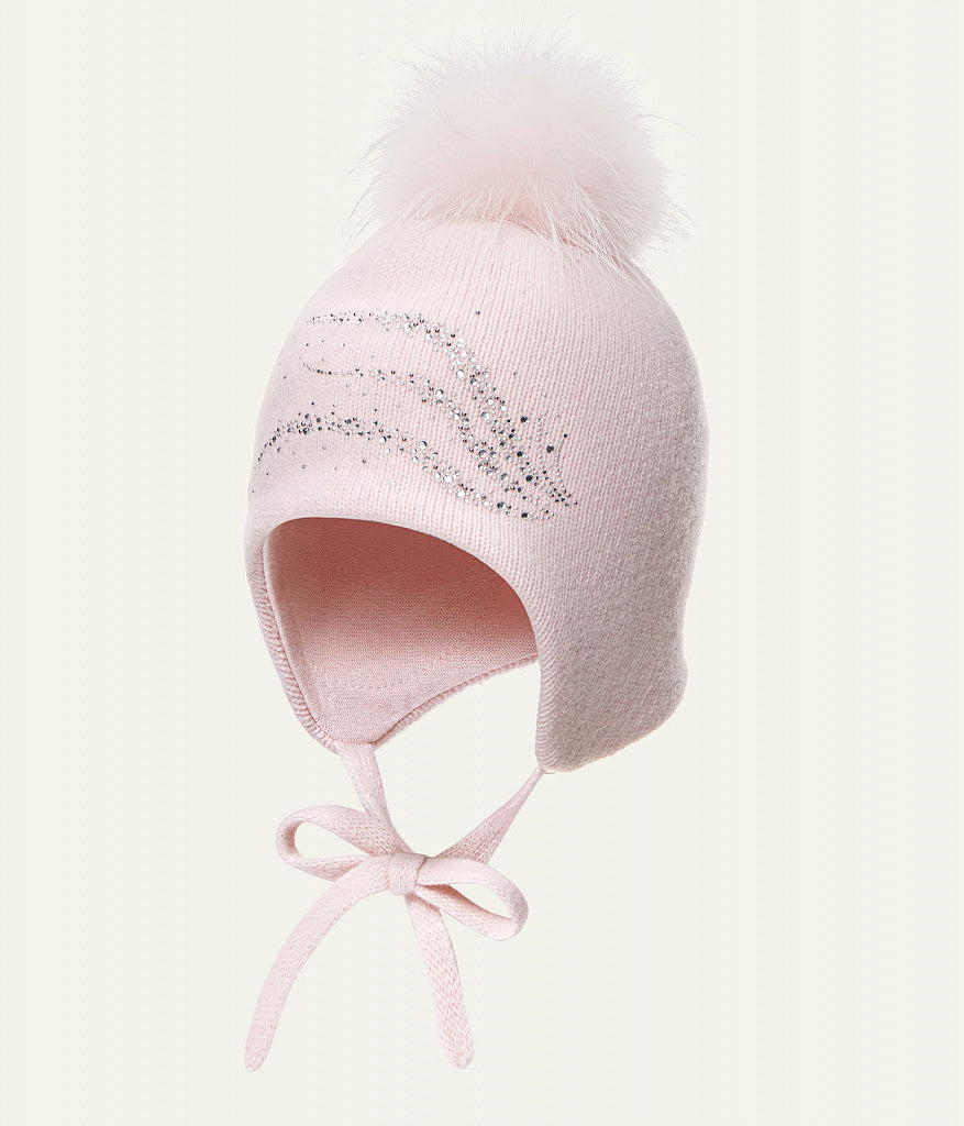 11565 Girls’ Winter Knit Hat with Natural Fur Pom-Pom and Rhinestone Design | Size 54–56 cm | Ages 6–12 | Cashmere, Wool, Cotton Lining | Down to –20°C