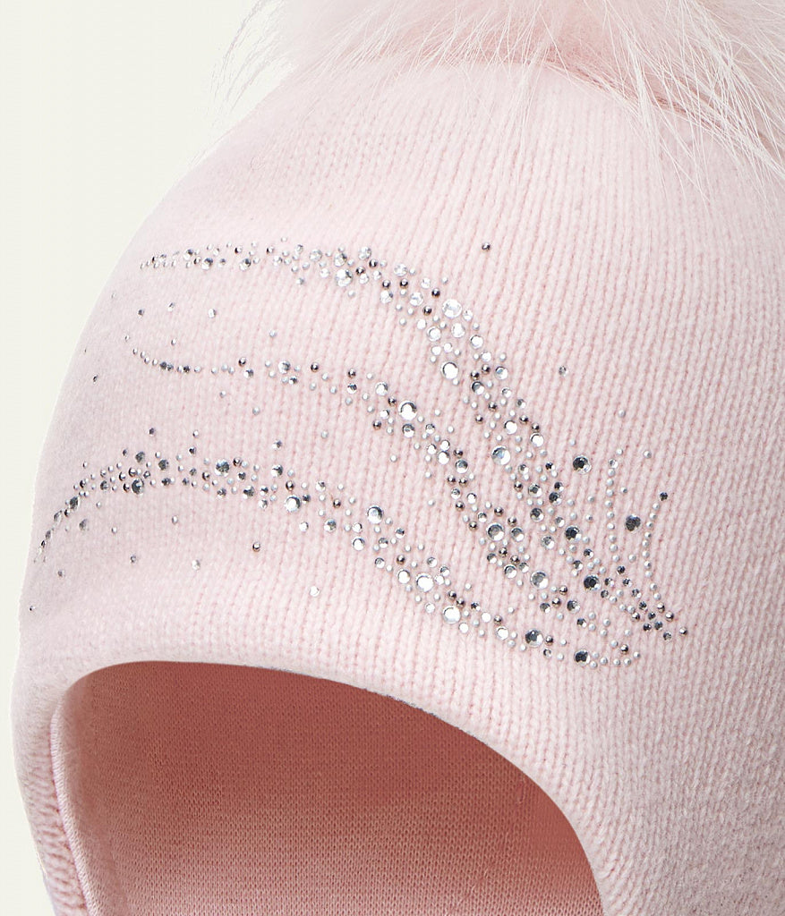 11565 Girls’ Winter Knit Hat with Natural Fur Pom-Pom and Rhinestone Design | Size 54–56 cm | Ages 6–12 | Cashmere, Wool, Cotton Lining | Down to –20°C