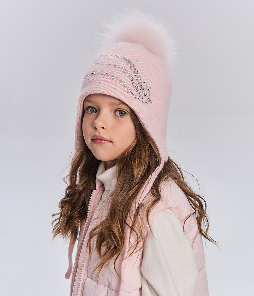 11565 Girls’ Winter Knit Hat with Natural Fur Pom-Pom and Rhinestone Design | Size 54–56 cm | Ages 6–12 | Cashmere, Wool, Cotton Lining | Down to –20°C