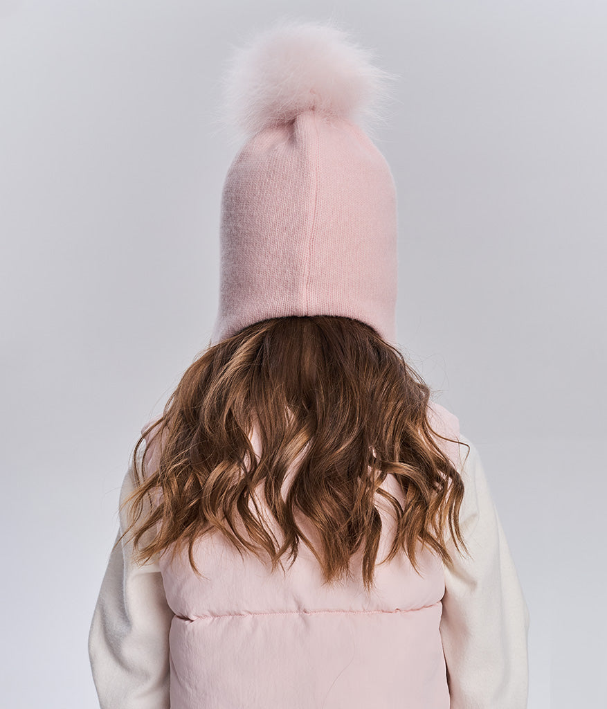 11565 Girls’ Winter Knit Hat with Natural Fur Pom-Pom and Rhinestone Design | Size 54–56 cm | Ages 6–12 | Cashmere, Wool, Cotton Lining | Down to –20°C