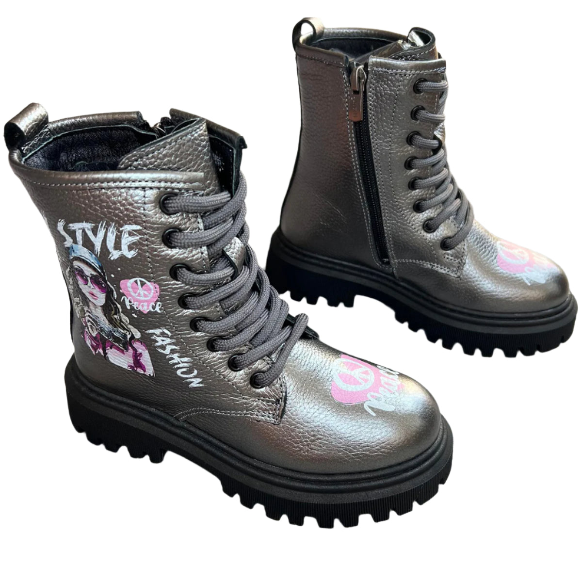 781 Tiflani Girls Metallic Graphite Calfskin Leather Boots with Fashion Print | Laces, Inner Zipper, Warm Lining & Chunky Sole (Sizes 31–36)